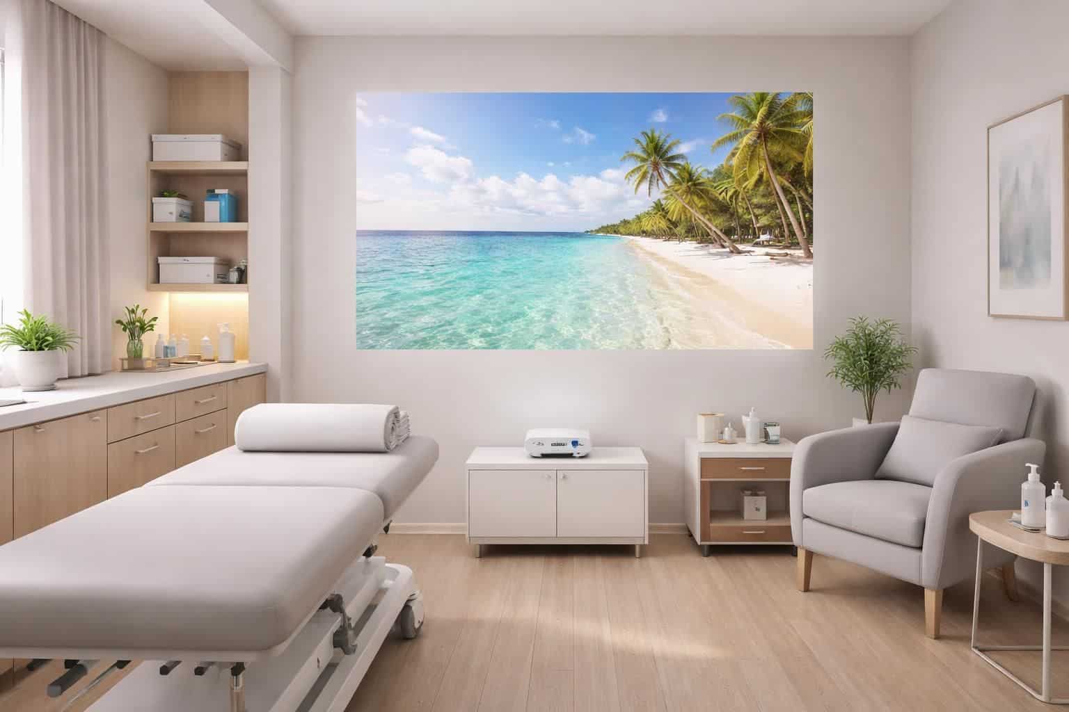 découvrez un cabinet médical apaisant grâce à la projection calme en salle de soins avec le mini vidéoprojecteur epson, alliant technologie et confort pour une meilleure expérience patient.