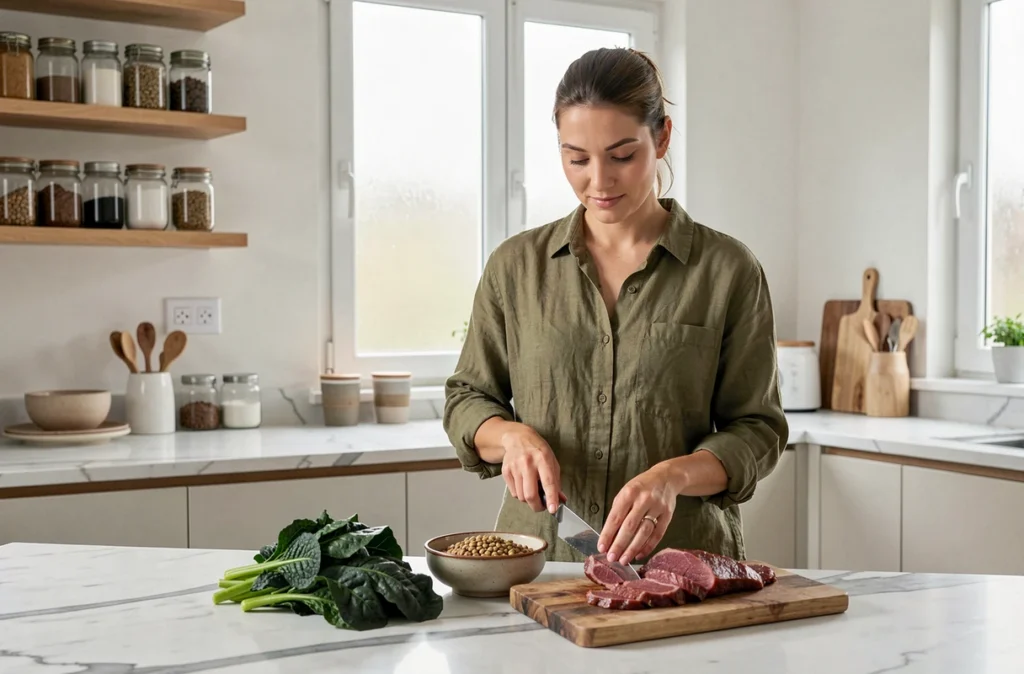 Femme préparant des aliments riches en fer comme les lentilles et les légumes verts pour améliorer son taux de ferritine avant une grossesse