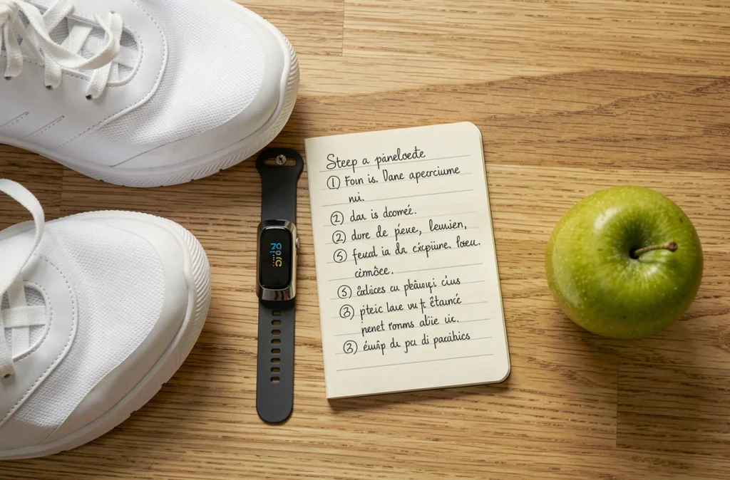Vue de dessus d'un bracelet fitness, de chaussures de marche et d'un carnet de suivi des pas posés sur un bureau en bois, symbolisant les objectifs de santé des 10 000 pas