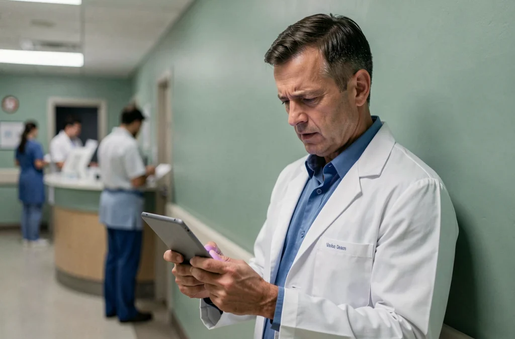 Cardiologue analysant des résultats biologiques incluant un taux de troponine élevé sur une tablette médicale