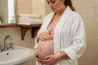 Femme enceinte touchant son ventre nu dans une salle de bain, montrant la linea nigra et des vergetures naturelles pendant la grossesse