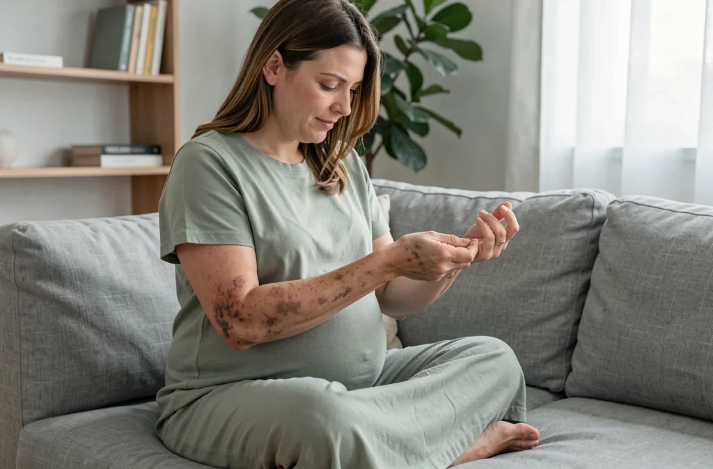 Femme enceinte examinant les changements de pigmentation de sa peau sur son bras, assise sur un canapé en lin gris dans un salon moderne