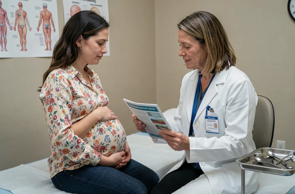 Femme enceinte en consultation dermatologique discutant des changements cutanés avec une médecin dans un cabinet médical