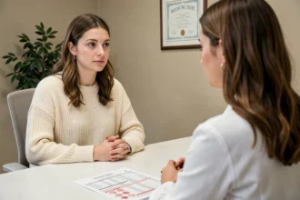 Femme enceinte ou en projet de grossesse consultant une gynécologue à propos d'un bilan sanguin de ferritine bas