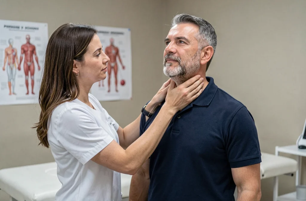 Patient en consultation chez un kinésithérapeute pour des douleurs cervicales et fourmillements dans le bras gauche