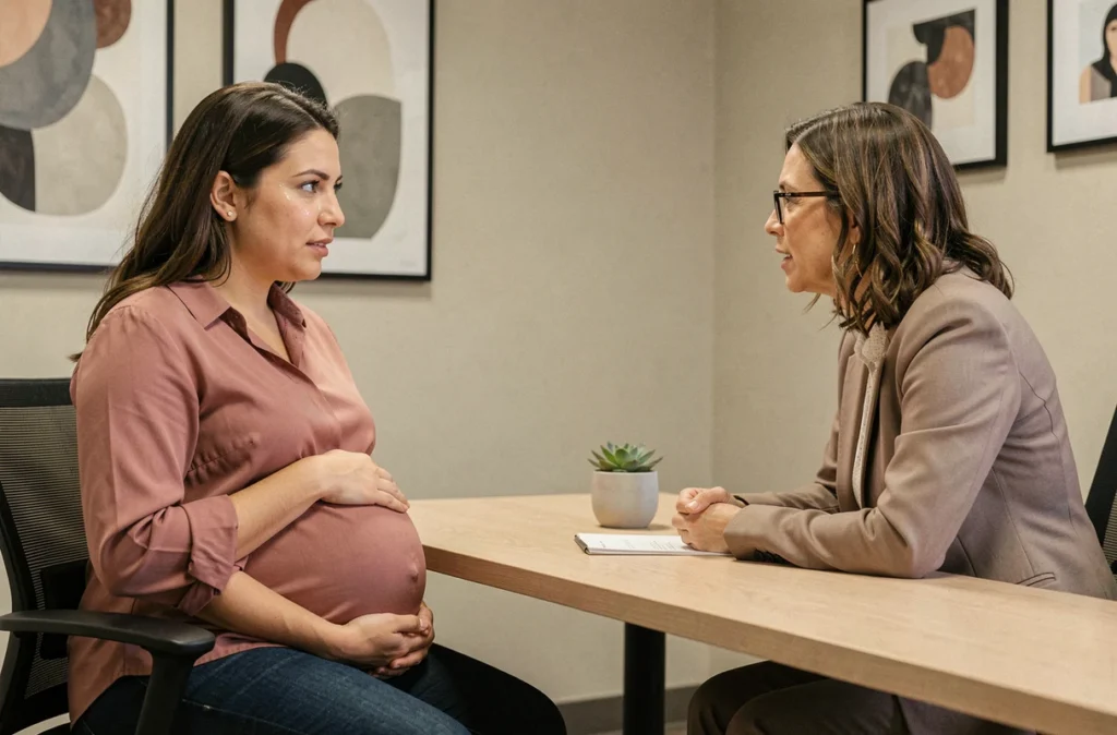 Femme enceinte en consultation psychologique avec une thérapeute, illustrant l'importance du soutien émotionnel et mental pendant la grossesse