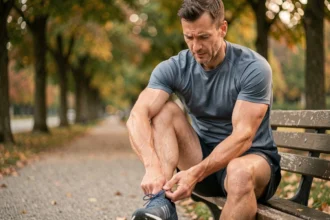 Coureur assis sur un banc tenant son talon gauche douloureux après une séance de course à pied en plein air