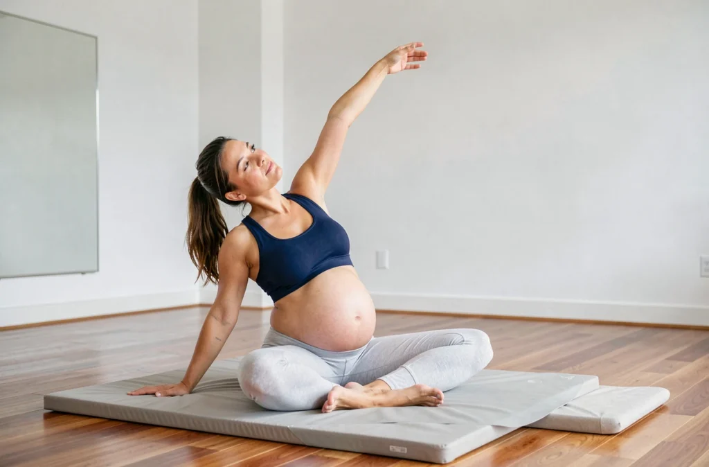 Femme enceinte faisant un étirement latéral doux sur un tapis de yoga pour soulager la douleur d'une côte déplacée dans un studio de bien-être