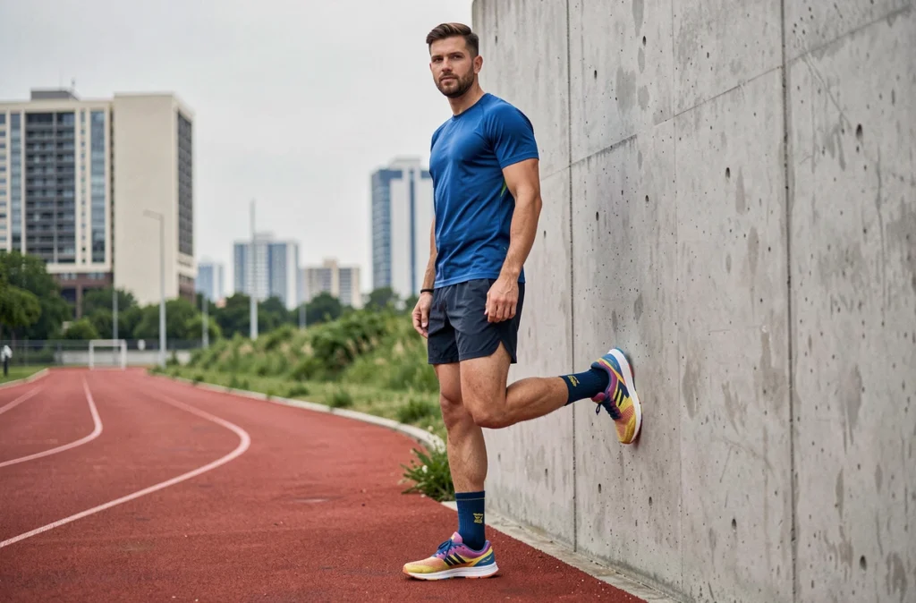 Coureur effectuant un étirement du mollet contre un mur pour soulager une douleur au talon gauche sur une piste d'athlétisme urbaine