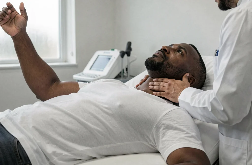 Médecin examinant les cervicales d'un patient allongé sur une table d'examen pour diagnostiquer des fourmillements dans le bras gauche