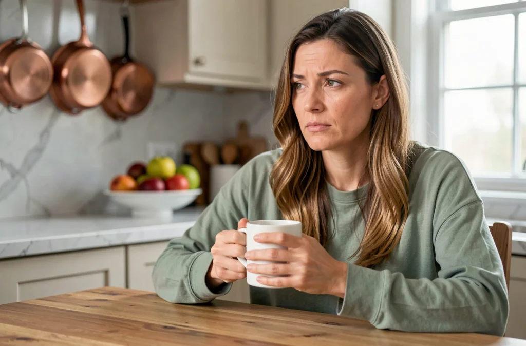 Femme fatiguée tenant une tasse dans une cuisine, illustrant la fatigue et les signes précoces de grossesse au quotidien