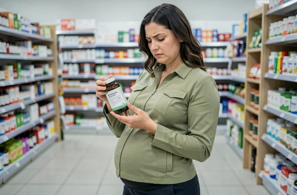 Femme enceinte au premier trimestre lisant l'étiquette d'un supplément probiotique en pharmacie, en lien avec la gestion des troubles digestifs durant la grossesse