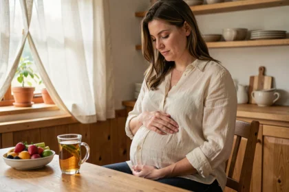 Femme enceinte au deuxième trimestre assise à une table de cuisine tenant son ventre rond, illustrant les changements digestifs pendant la grossesse
