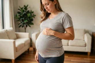 Femme enceinte au troisième trimestre tenant sa main contre ses côtes inférieures, exprimant une légère gêne costale dans un salon moderne