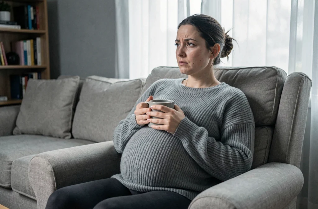 Femme enceinte fatiguée assise dans un fauteuil tenant une tasse chaude, illustrant les troubles du sommeil pendant la grossesse
