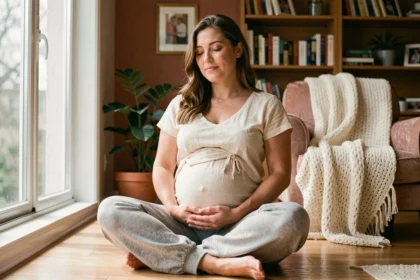 Femme enceinte assise en méditation sur un plancher en bois, les mains posées sur son ventre, exprimant sérénité et bien-être émotionnel pendant la grossesse