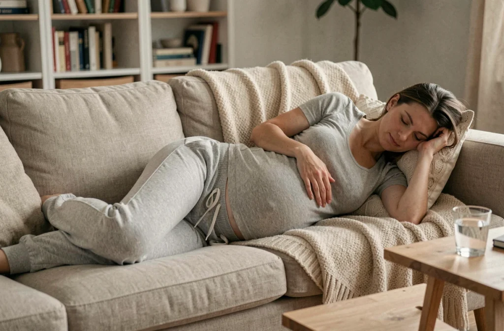 Femme enceinte au troisième trimestre allongée sur le côté gauche sur un canapé, position recommandée pour soulager les troubles digestifs en fin de grossesse