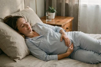 Femme enceinte allongée sur le côté avec un coussin de maternité, dormant paisiblement dans une chambre cosy aux tons chauds