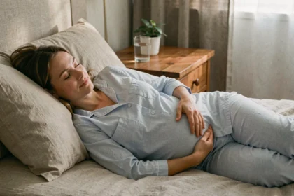 Femme enceinte allongée sur le côté avec un coussin de maternité, dormant paisiblement dans une chambre cosy aux tons chauds