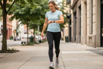 Femme active mesurant ses pas quotidiens avec une montre connectée lors d'une marche en ville pour atteindre les 10 000 pas recommandés