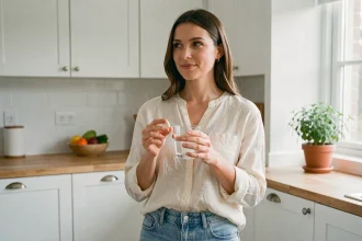 Femme tenant un probiotique dans une cuisine moderne, illustrant la prise quotidienne de compléments pour l'intestin irritable
