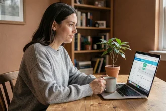 Femme utilisant un simulateur de temps de sommeil sur ordinateur portable dans un bureau à domicile
