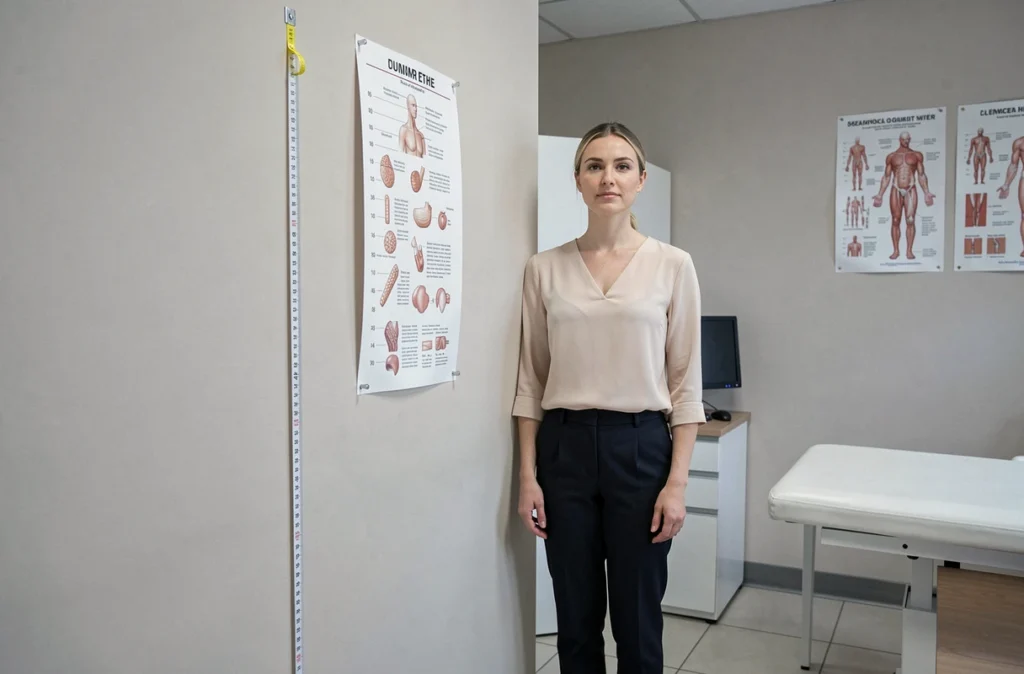 Femme debout devant une toise médicale dans un cabinet de médecin, illustrant la mesure et le calcul du poids idéal pour 1m60