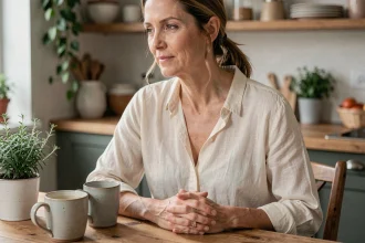 Femme tenant son abdomen dans une cuisine chaleureuse, illustrant des troubles digestifs récurrents et le soulagement apporté par un complément comme Floravia
