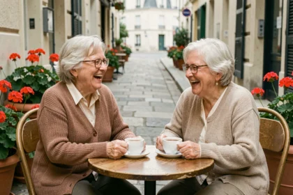 Deux femmes âgées qui rient ensemble en terrasse de café, illustrant les liens sociaux chez les personnes âgées