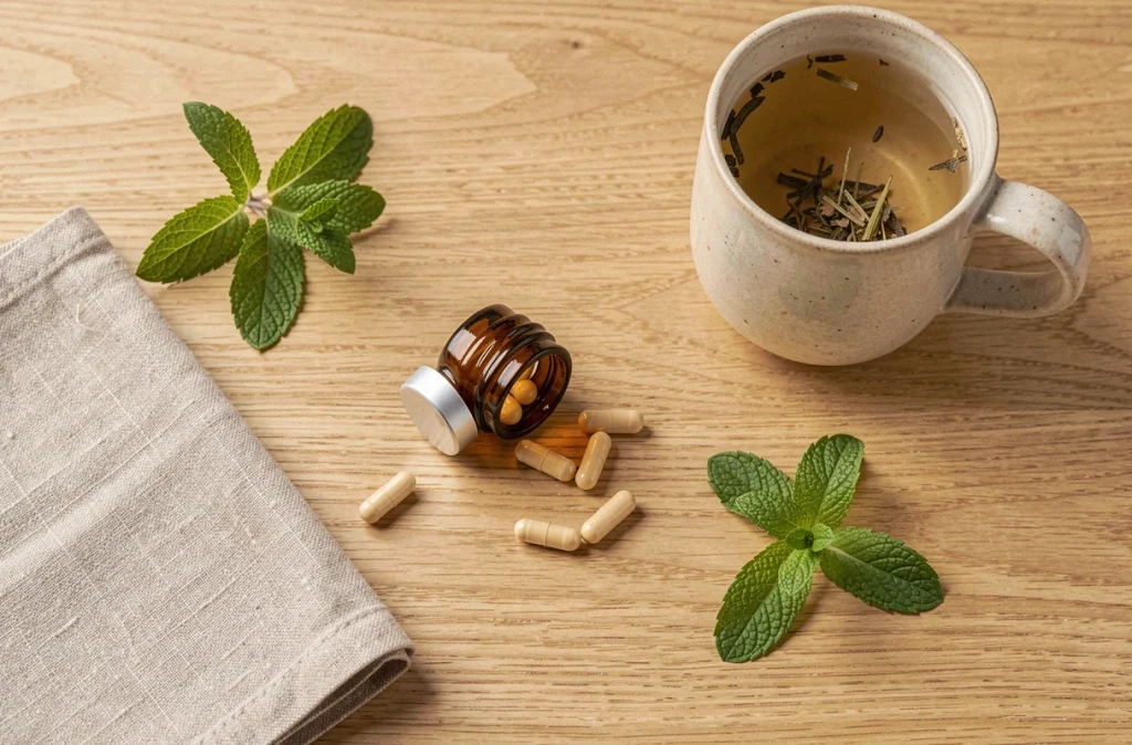 Flat lay de probiotiques, tisane et accessoires bien-être sur une table en bois, pour illustrer la routine quotidienne contre l'intestin irritable