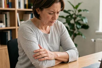 Femme assise à un bureau tenant son avant-bras gauche avec une expression de gêne, illustrant les fourmillements dans le bras gauche