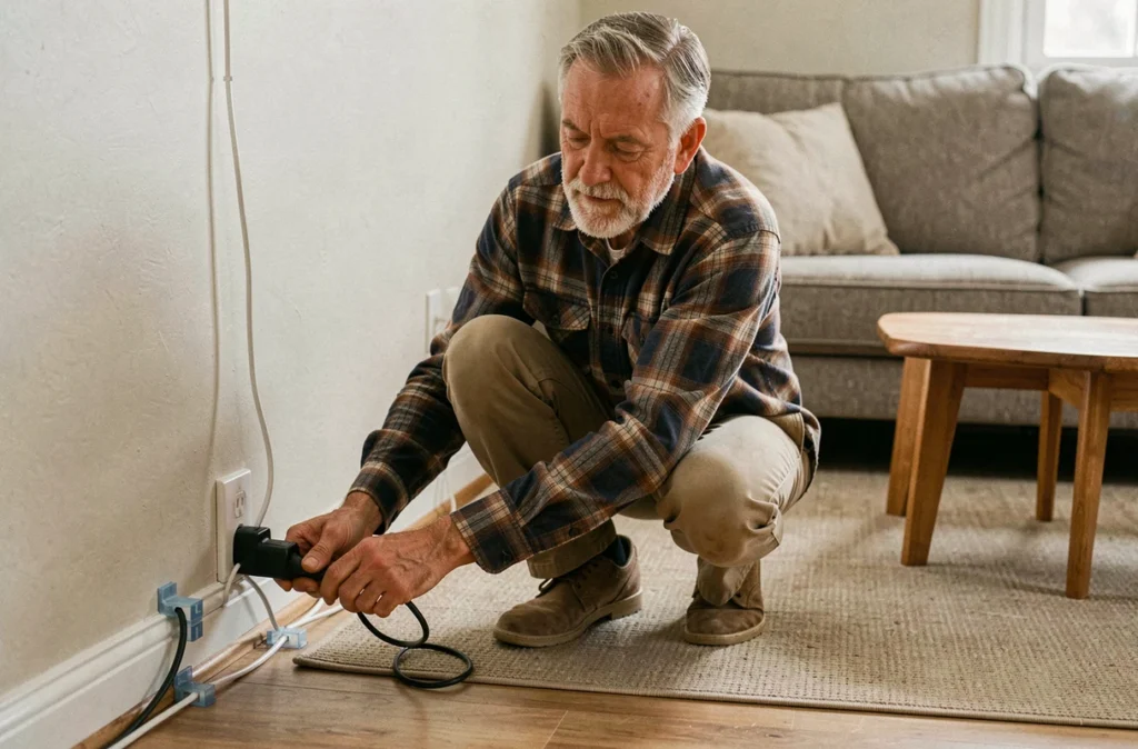 Homme senior fixant des câbles au sol dans un salon pour éliminer les risques de trébuchement à domicile