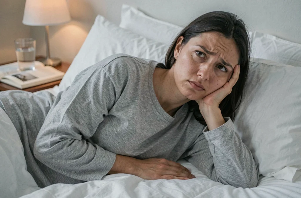 Femme enceinte allongée sur son lit avec une expression pensive et mélancolique, évoquant l'anxiété émotionnelle et les pensées complexes vécues durant la grossesse