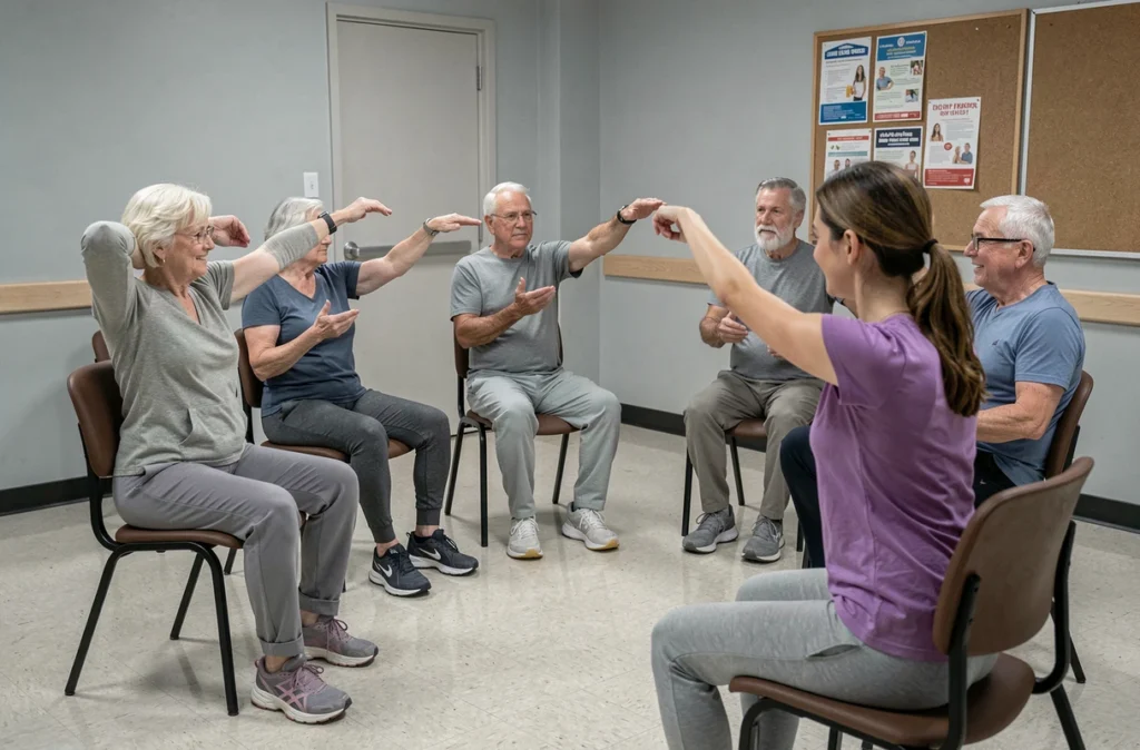 Groupe de seniors participant à un cours d'activité physique adaptée en salle animé par une instructrice, exercices de stretching assis