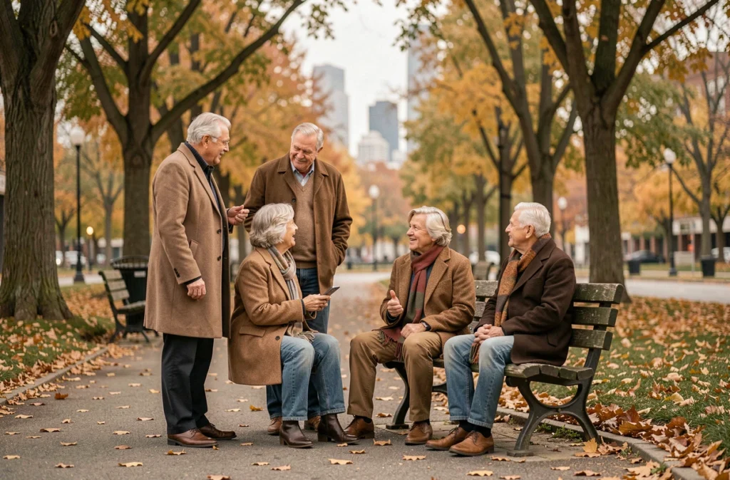 Groupe de personnes âgées en conversation animée dans un parc en automne, symbolisant les liens sociaux et la prévention de l'isolement