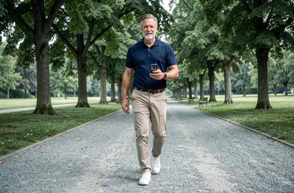 Homme de cinquante ans marchant dans un parc avec un smartphone affichant un compteur de pas, illustrant les repères santé des 10 000 pas par jour