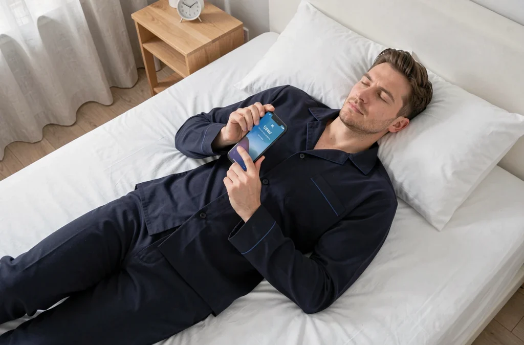 Homme allongé sur son lit consultant un simulateur de sommeil sur smartphone