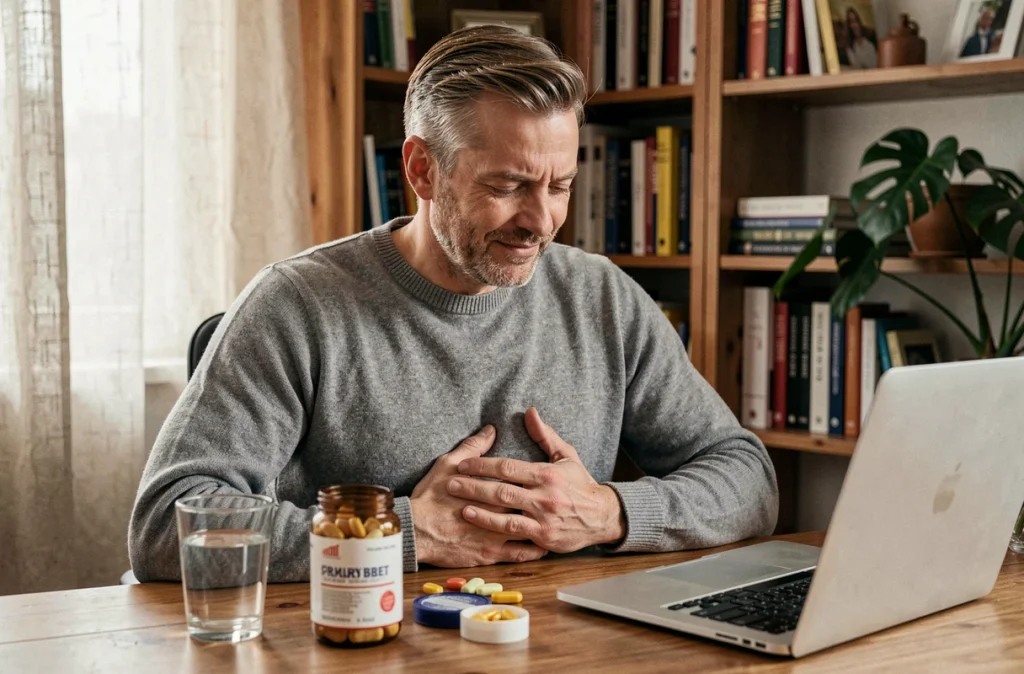 Homme soulagé tenant son ventre avec des probiotiques sur son bureau, symbolisant le soulagement du syndrome de l'intestin irritable