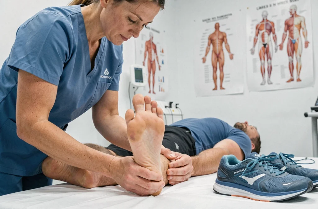 Kinésithérapeute examinant le talon gauche d'un coureur blessé lors d'une consultation en cabinet de rééducation sportive