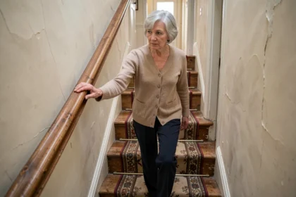 Femme âgée tenant une main courante en bois pour descendre un escalier intérieur sécurisé avec un tapis antidérapant