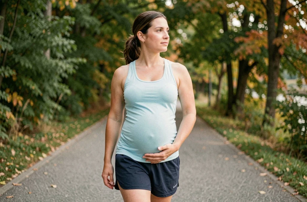 Femme enceinte marchant en plein air sur un chemin au bord de l'eau pendant la grossesse