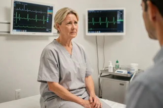 Patiente âgée d'une cinquantaine d'années en consultation médicale pour un bilan cardiaque avec troponine élevée