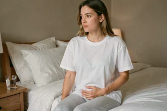 Femme en début de grossesse assise sur un lit, la main posée sur le ventre, dans une chambre cosy aux tons neutres