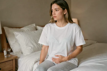 Femme en début de grossesse assise sur un lit, la main posée sur le ventre, dans une chambre cosy aux tons neutres