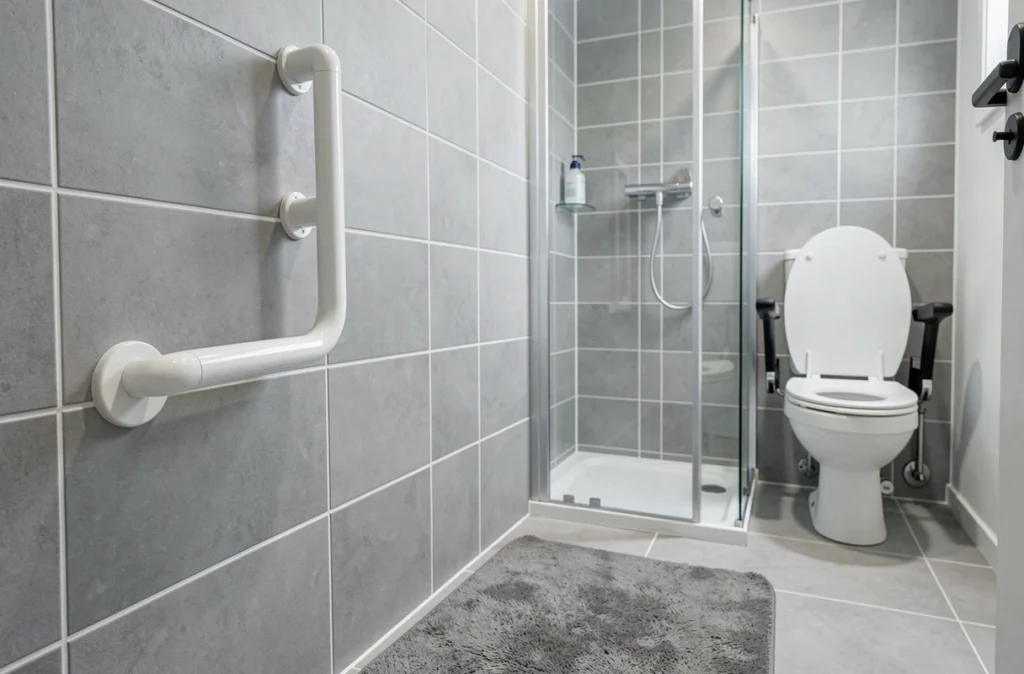 Salle de bain adaptée avec barre d'appui, tapis antidérapant et siège de toilette rehaussé pour prévenir les chutes