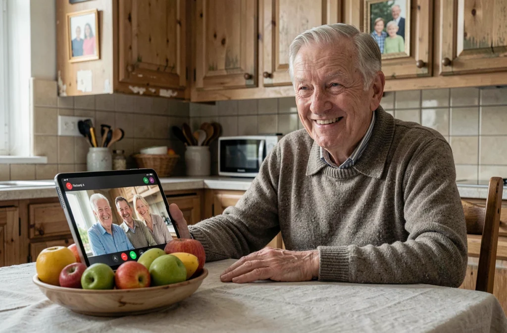 Un homme âgé souriant lors d'un appel vidéo avec sa famille depuis sa cuisine, montrant l'importance du lien social pour les seniors