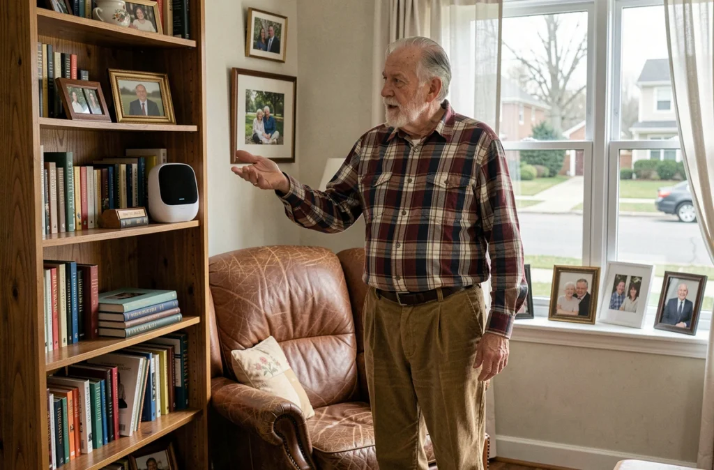 Un homme âgé interagit avec un assistant vocal intelligent dans son salon, démontrant comment la domotique favorise l'autonomie des seniors à domicile
