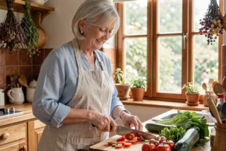 Senior femme préparant des légumes frais dans une cuisine traditionnelle pour une alimentation équilibrée