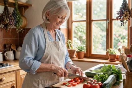 Senior femme préparant des légumes frais dans une cuisine traditionnelle pour une alimentation équilibrée