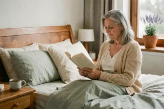 Senior femme âgée lisant sereinement au lit avec une tisane, habitudes apaisantes pour un bon sommeil